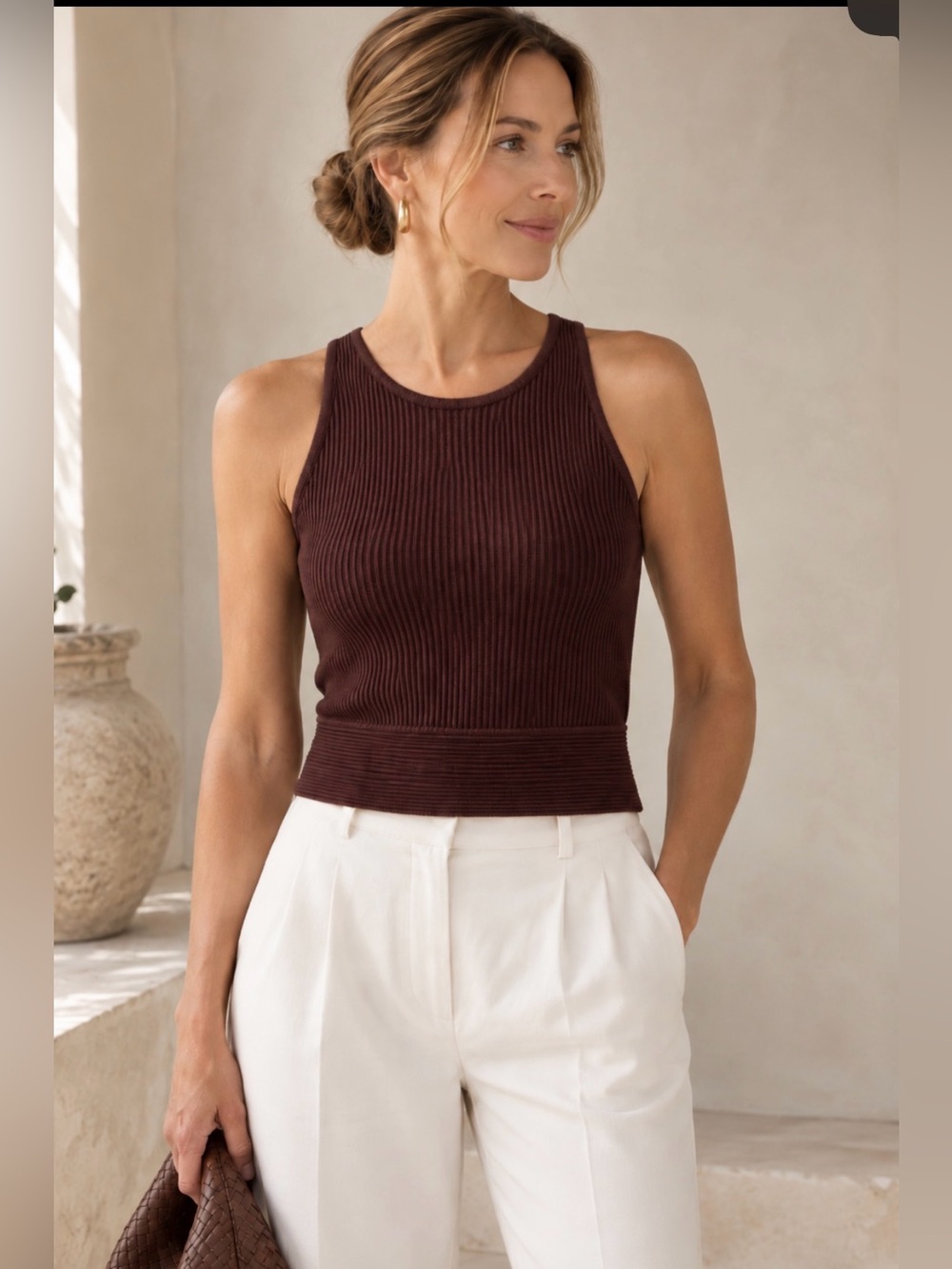 House of Harlow 1960 Ribbed Halter Tank Brown M Knit Crop Top